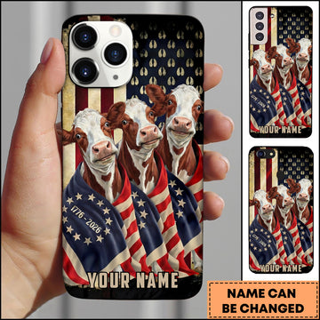 Joycorners Patriotic Hereford Trio Wrapped in American Flag 1776–2026 Personalized Name 3D Phone Case