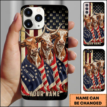 Joycorners Patriotic Texas Longhorn Trio Wrapped in American Flag 1776–2026 Personalized Name 3D Phone Case