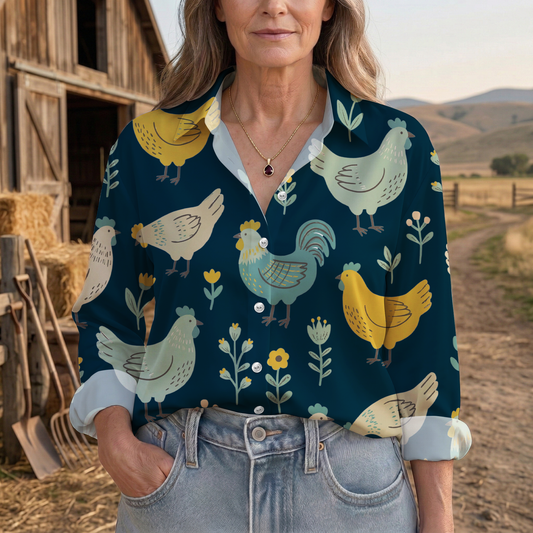 Joycorners Vintage Chicken Farm Flower Casual Shirt