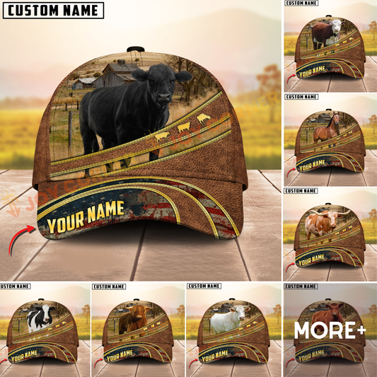 Joycorners Farm Cattle Heritage Ranch Rustic Leather USA Flag Personalized Name 3D Cap (8 Cattle Breeds)