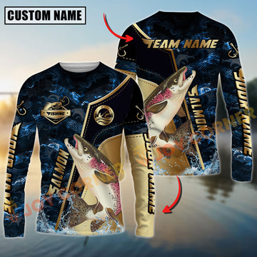 Joycorners Salmon Fishing Ocean Wave Gold Luxury Pattern Personalized Name, Team Name Long Sleeve Shirt