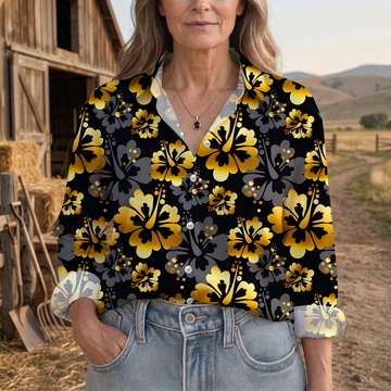Joycorners Black Gold Hibiscus Floral Casual Shirt