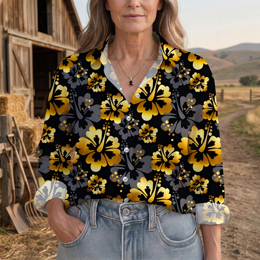 Joycorners Black Gold Hibiscus Floral Casual Shirt