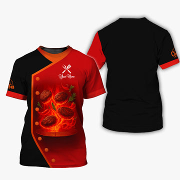 Joycorners Personalized BBQ Chef T Shirt - Flaming Grill Patties Red Black Design MT2509