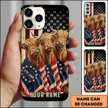 Joycorners Patriotic Highland Trio Wrapped in American Flag 1776–2026 Personalized Name 3D Phone Case