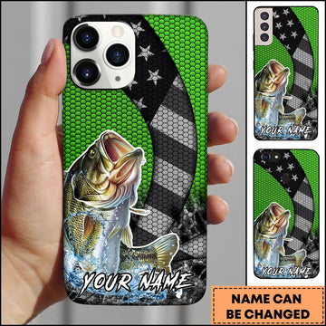 Joycorners Fishing Neon Green Honeycomb Wave Splash Personalized Name Phone Case (10 Fish Species)