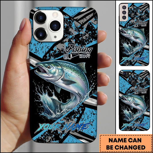 Joycorners Fishing Blue Grunge Paint Splash Dynamic Art Personalized Name Phone Case (10 Fish Species)