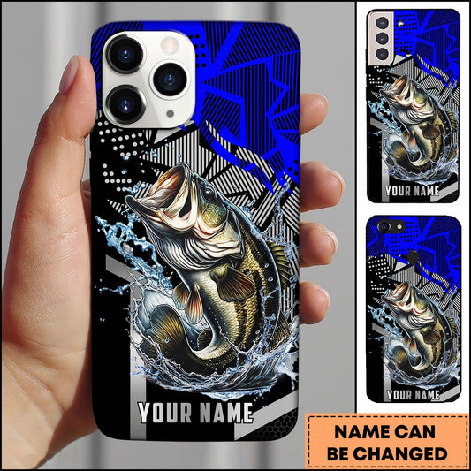 Joycorners Fishing Dynamic Blue Geometric Splash Art Personalized Name Phone Case (10 Fish Species)