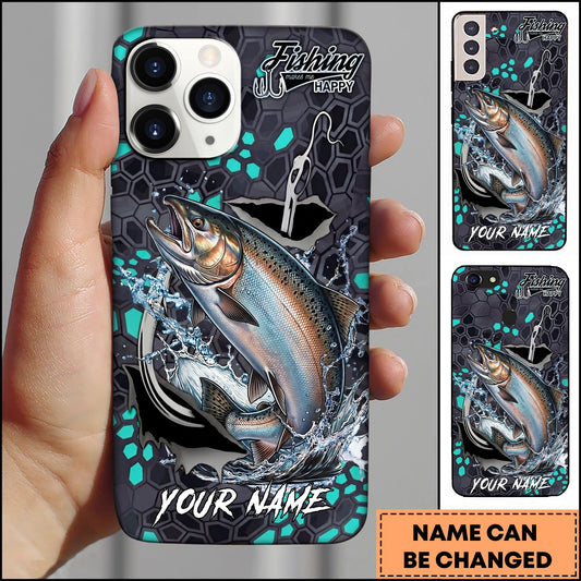 Joycorners Fishing Hexagon Tech Pattern Hook Icon Water Splash Personalized Name Phone Case (10 Fish Species)