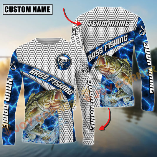 Joycorners Largemouth Bass Fishing Honeycomb Electric Water Splash Personalized Name, Team Name Long Sleeve Shirt