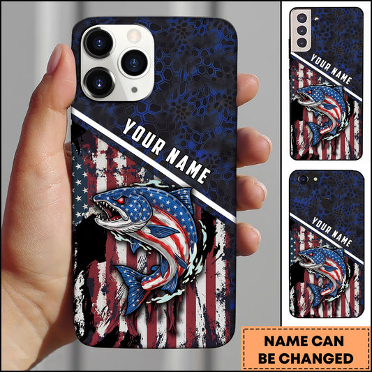 Joycorners Fishing Patriotic USA Flag Honeycomb Tech Style Personalized Name Phone Case (10 Fish Species)