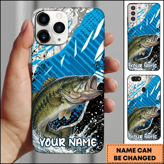 Joycorners Fishing Jumping Blue Geometric Splash Art Personalized Name Phone Case (10 Fish Species)