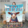 Joycorners Happy 4th of July Cow with USA Scarf Fireworks Patriotic Personalized Name 3D Blanket (8 Breeds)