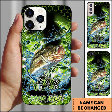 Joycorners Fishing Neon Green Honeycomb Water Splash Personalized Name Phone Case (10 Fish Species)