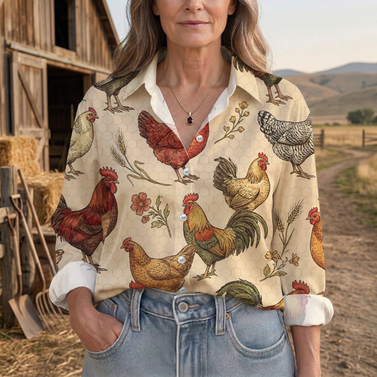Joycorners Vintage Rooster Hen Farmhouse Floral Casual Shirt