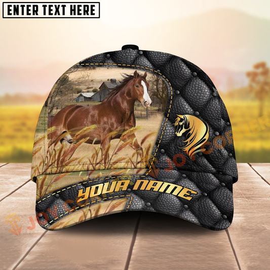 Joycorners Horse Black Leather Luxury Gold Pattern Personalized Name Cap (8 Breeds)