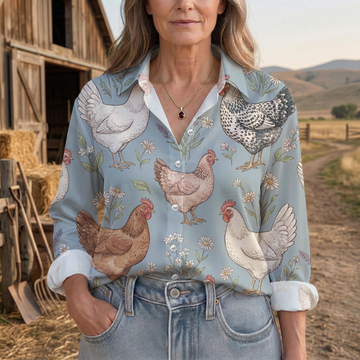 Joycorners Rustic Chicken Floral Farm Pattern Casual Shirt
