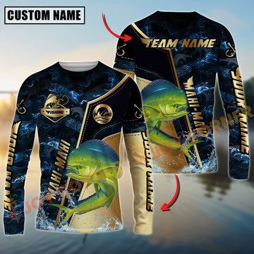 Joycorners Mahi-mahi Fishing Ocean Wave Gold Luxury Pattern Personalized Name, Team Name Long Sleeve Shirt