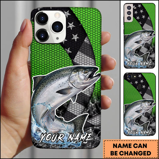 Joycorners Fishing Neon Green Honeycomb Wave Splash Personalized Name Phone Case (10 Fish Species)