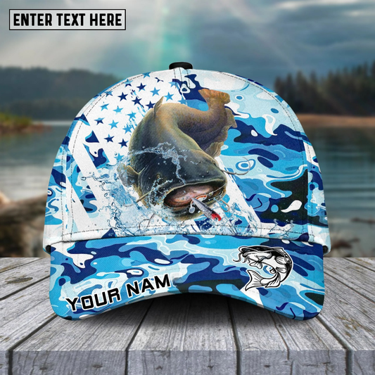 Joycorners Fishing Blue White Seawwave American Flag Pattern Sport Pattern Personalized Name 3D Cap (11 Breeds)