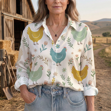 Joycorners Pastel Chicken Garden Floral Casual Shirt
