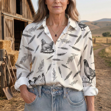 Joycorners Rustic Farm Chicken Wheat Sketch Casual Shirt