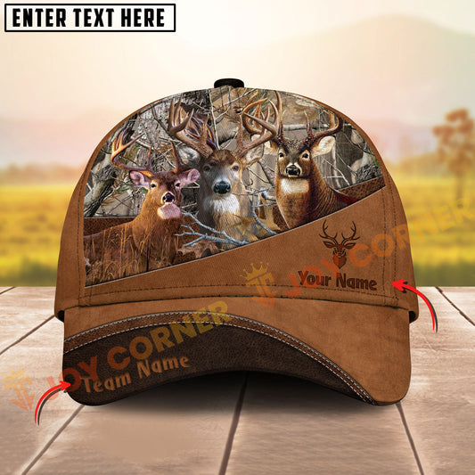 Joycorners Deer Hunting Triple Deer Camo Forest & Brown Leather Layered Pattern Personalized Name 3D Cap (6 Colors)
