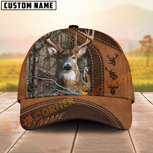 Joycorners Deer Hunting Rustic Brown Leather & Center Camo Panel Pattern Personalized Name 3D Cap (6 Colors)