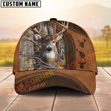 Joycorners Deer Hunting Rustic Brown Leather & Center Camo Panel Pattern Personalized Name 3D Cap (6 Colors)