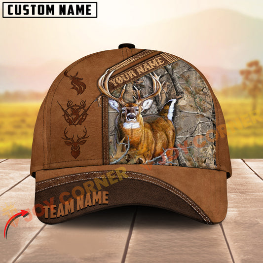 Joycorners Deer Hunting Deer Camo & Diagonal Leather Panel Pattern Personalized Name 3D Cap (6 Colors)
