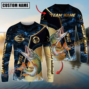 Joycorners Pike Fishing Ocean Wave Gold Luxury Pattern Personalized Name, Team Name Long Sleeve Shirt