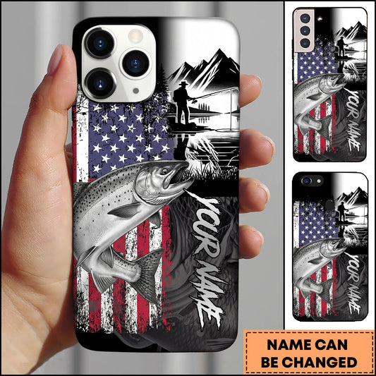 Joycorners Fishing Patriotic USA Flag Mountain Angler Silhouette Personalized Name Phone Case (10 Fish Species)