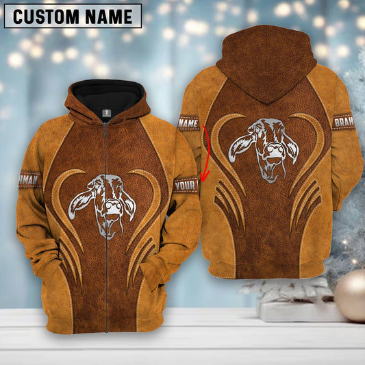 Joycorners Custom Name Farm Brahman Lovers Heart Leather Pattern Merry Christmas 3D Printed Hoodie