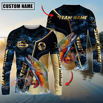 Joycorners Trout Fishing Ocean Wave Gold Luxury Pattern Personalized Name, Team Name Long Sleeve Shirt