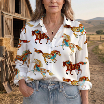 Joycorners Western Tribal Horse Pattern Rustic Farm Casual Shirt