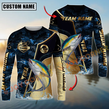 Joycorners Tuna Fishing Ocean Wave Gold Luxury Pattern Personalized Name, Team Name Long Sleeve Shirt