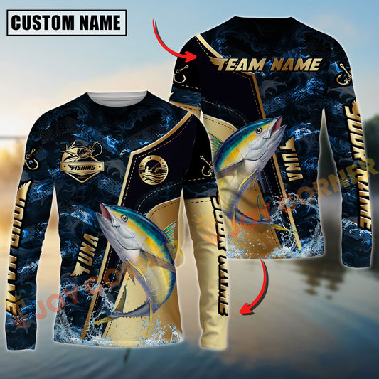 Joycorners Tuna Fishing Ocean Wave Gold Luxury Pattern Personalized Name, Team Name Long Sleeve Shirt