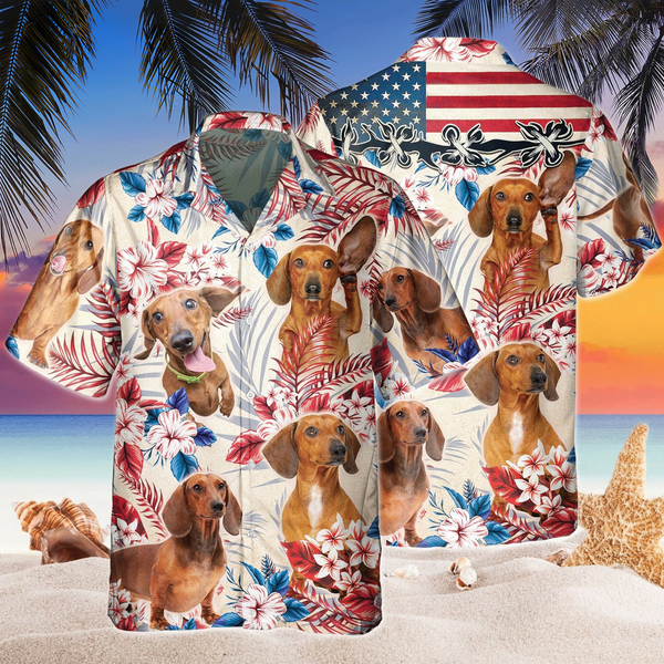 Joycorners Dachshund Dog United States Flag Hawaiian Flowers All Over Printed 3D Hawaiian Shirt