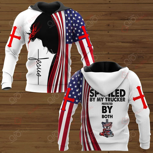 Joy corners Blessed By God Spoiled By My Trucker Protected By Both American Flag Jesus Hoodie