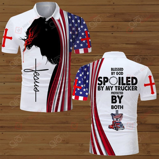 Joy Corners Blessed By God Spoiled By My Trucker Protected By Both American Flag Jesus Polo Shirts