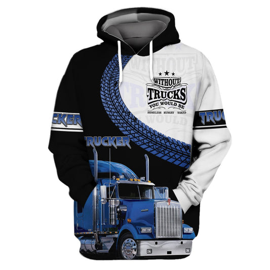 Joycorners White And Blue Trucker 3D All Over Printed Hoodie