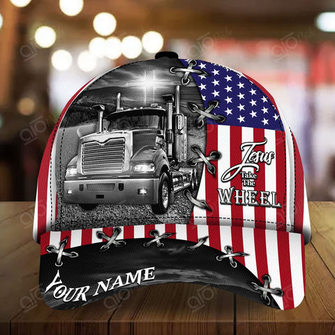 Premium God Trucker Cap American Flag, Jesus Take The Wheel Custom Name 3D Printed