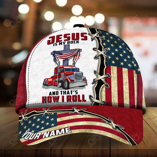 Joy corners Premium Jesus Is My Rock Multicolor Custom Name Trucker Classic Cap