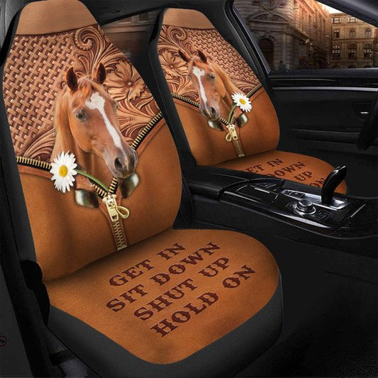 Joycorners Zipper Horse With Daisy Flower Get In Sit Down Shut Up Hold On Car Seat Cover Set (2Pcs)