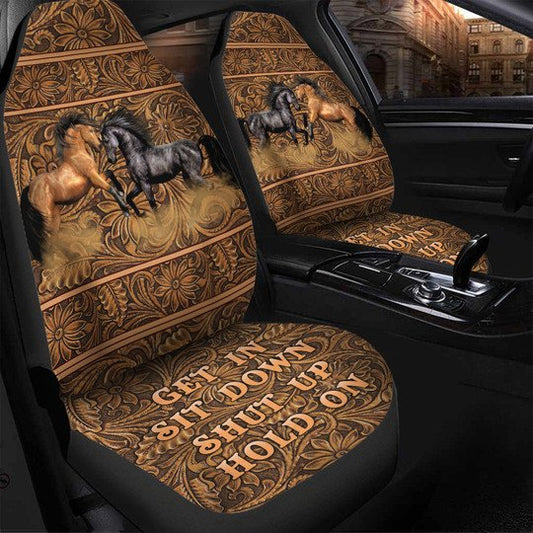 Joycorners Brown And Black Horses Flowery Background Get In Sit Down Shut Up Hold On Car Seat Cover Set (2Pcs)