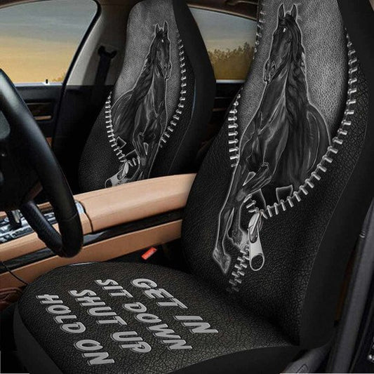 Joycorners Zip Horse Get In Sit Down Shut Up Hold On Black/White Car Seat Cover Set (2Pcs)