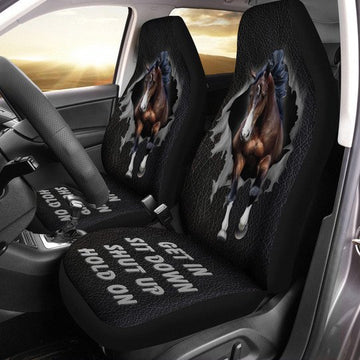 Joycorners Black Printed Leather Horse Get In Sit Down Shut Up Hold On Car Seat Cover Set (2Pcs)
