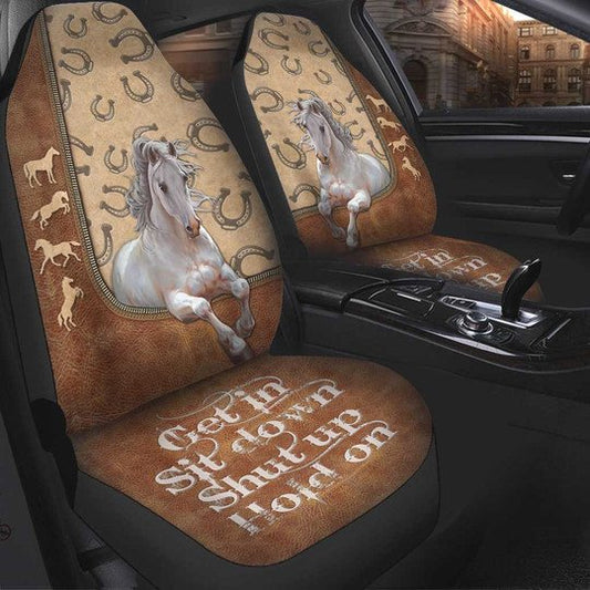 Joycorners White Horse - Horse Symbols - Get In Sit Down Shut Up Hold On Car Seat Cover Set (2Pcs)