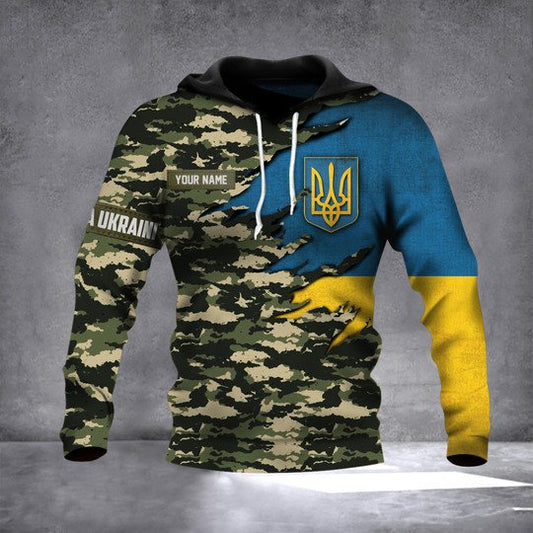 Joycorners Personalized Name Slava Ukraini Green Camo Ukraine Flag All Over Printed 3D Hoodie