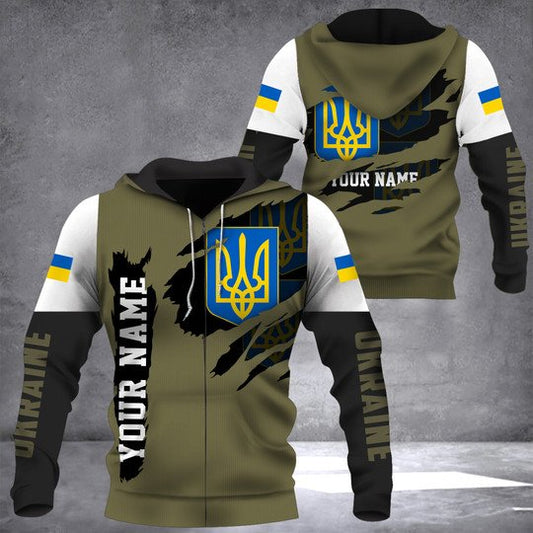 Joycorners Personalized Name Ukraine Flag All Over Printed 3D Zipper Hoodie